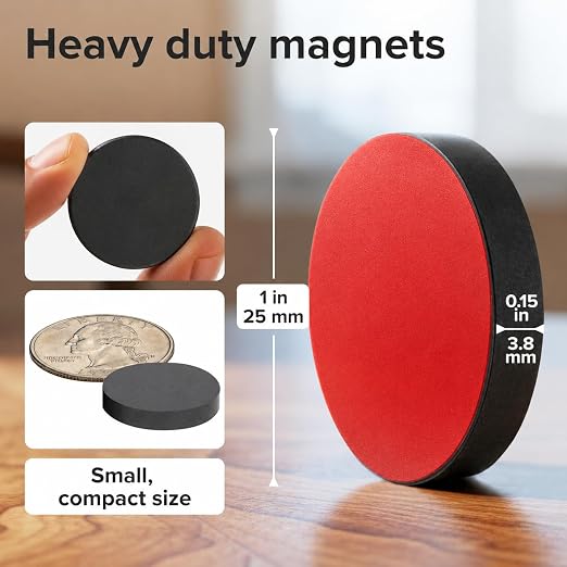 Strong Ceramic Round Magnets With Adhesive Backing (1x0.15"/25x4mm, 100 pcs) - Heavy Duty Sticky Magnets, Non-Corrosive, Versatile For Home, Office, Workshop, Whiteboard, Fridge And Hobby Use