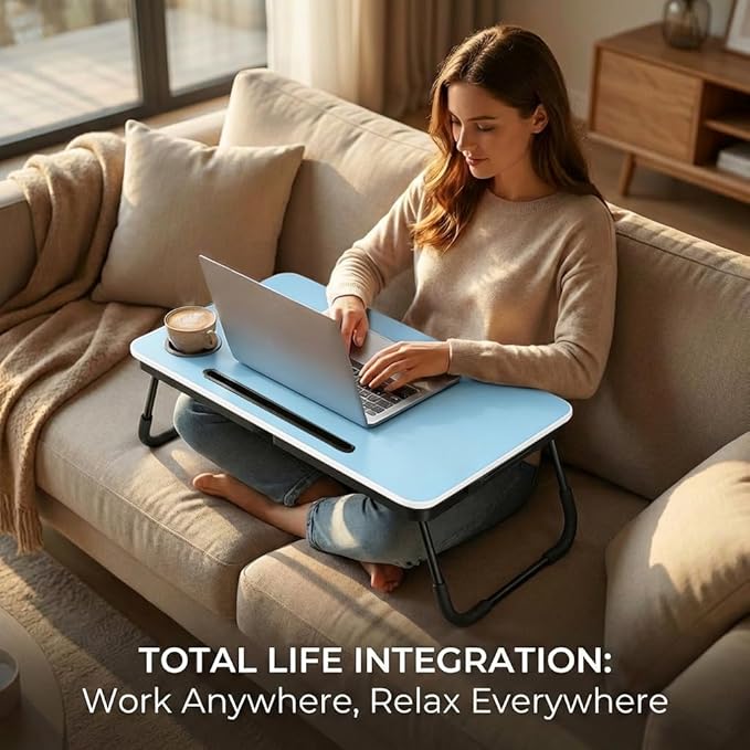 BUYIFY 23.4" Foldable Lap Desk Bed Table with Cup Holder Portable Tray Blue | Folds Flat for Easy Storage, No Assembly Laptop Bed Desk, Sturdy and Lightweight, Versatile for Work Eat Study, Patent Design