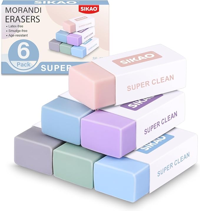 Morandi Erasers, 6 Pack Aesthetic Block Pencil Erasers | Soft Neutral Colors, Smudge-Free Latex-Free Erasers for School, Office, Journaling & Drawing