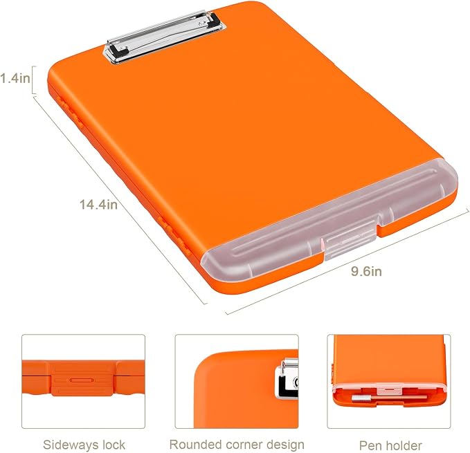 Piasoenc Clipboard with Storage, 8.5 x 11 Organization Box with Pen Holder and A4 Legal Paper Folder, Folio & Side-Opening, Low Profile Clip,for Nurses,Teachers, Size 14 x 9.6 x 1.2 in, Orange