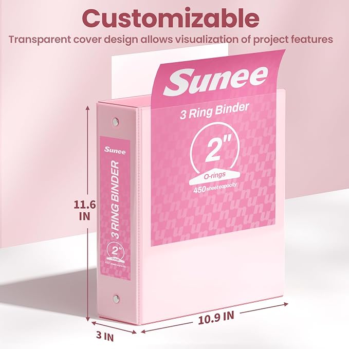 SUNEE 3 Ring Binders 2 Inch 4 Pack, Clear View Binder Three Ring PVC-Free (Fit 8.5x11 Inches) for School or Office Supplies, Assorted Pastel