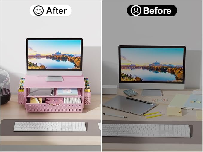 gianotter Desk Organizers and Accessories, Monitor Stand with Drawer and 2 Pen Holder, Desktop Organizer Suitable for Offices and Dormitories (Pink-Plain)