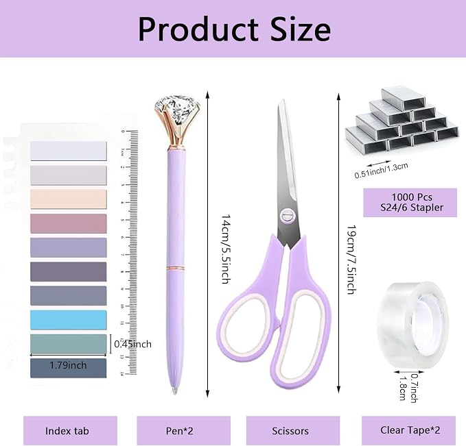 Office Supplies,Purple Desk Accessories,Desk Organizer,Stapler,Tape Dispenser,Folding Phone Stand,Scissors,Notebook,Staple Remover,Staples,Clear Tape,Sticky Notes,Clips,Cool Pen,Bookmark,Ect.22pcs