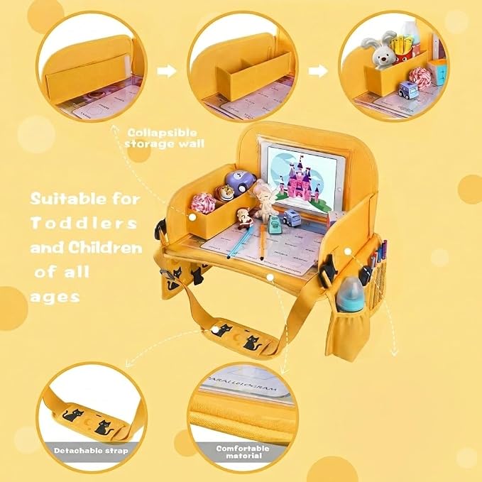 MENZOKE Kids Travel Tray for Toddler Car Seat, Toddler Gift for Boy | Road Trip Essentials Accessories Lap Tray, 16.5 x 13 inch, iPad Holder Stand, Storage Pockets, Snack Compartment, Yellow