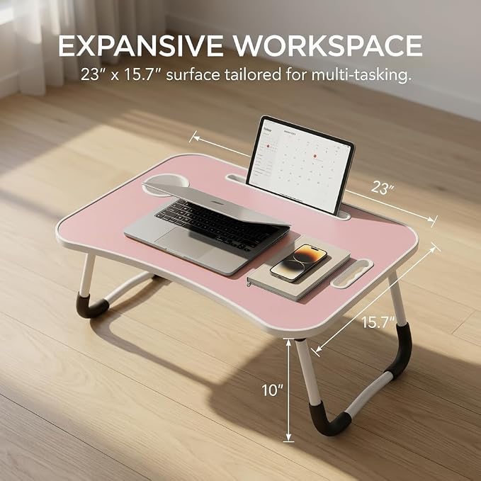 BUYIFY 23" Foldable Lap Desk for Laptop Writing w/Cup Holder Pink | Sturdy and Durable, Laptop Bed Desk with Tablet Slot, No Assembly, Space Saving for Bed Couch Dorm WFH Students