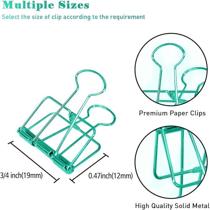 Small Binder Clips, 36 Pack, 3/4 Inch, Standard 19mm, Hollow Out Green, Capacity 0.31 Inch, Mini Fold Clamp, Wire Clip, Paper Clips, Office Clips, School & Home Use