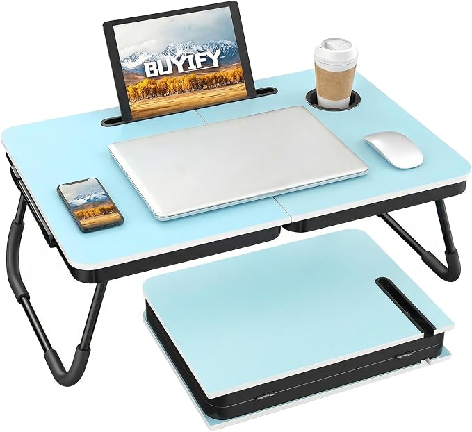 BUYIFY 23.4" Foldable Lap Desk Bed Table with Cup Holder Portable Tray Blue | Folds Flat for Easy Storage, No Assembly Laptop Bed Desk, Sturdy and Lightweight, Versatile for Work Eat Study, Patent Design