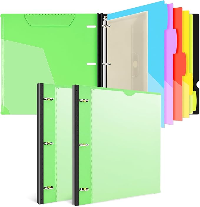 INFUN 1 Inch Telescoping Project Organizer Binder-2PCS,13 Pocket, Customizable Front Cover, 5 Colors Pocket Divider and Plastic Binder Pocket，225 Sheet Capacity-Green