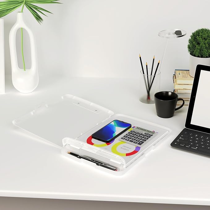 Piasoenc Clipboard with Storage, 8.5 x 11 Organization Box with Pen Holder and A4 Legal Paper Folder, Folio & Side-Opening, Low Profile Clip,for Nurses,Teachers, Size 14 x 9.6 x 1.2 in, White