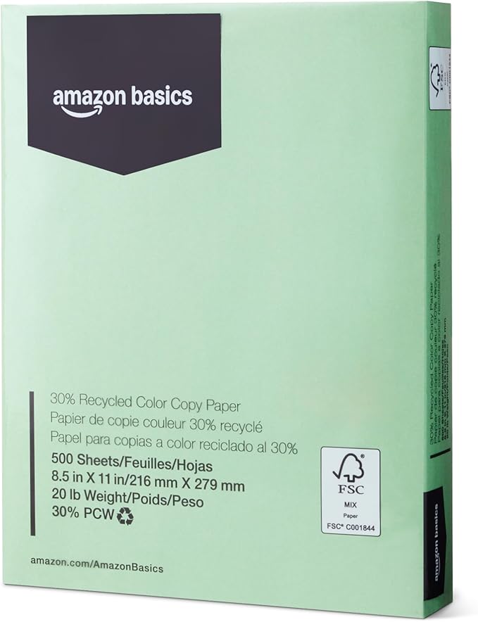 Amazon Basics 30% Recycled Color Copy Paper, 8.5" x 11", 20lb, Pastel Green, 500 Sheets