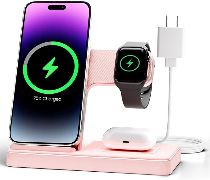 GETPALS Wireless Charger iPhone Charging Station for Apple Multiple Devices | 3 in 1 Charger Stand for iPhone 17 Pro Max 17e 16 16e 15 14 13 12 & Watch Series 11-2 SE Ultra & Airpods 4 3 Pro, Pink