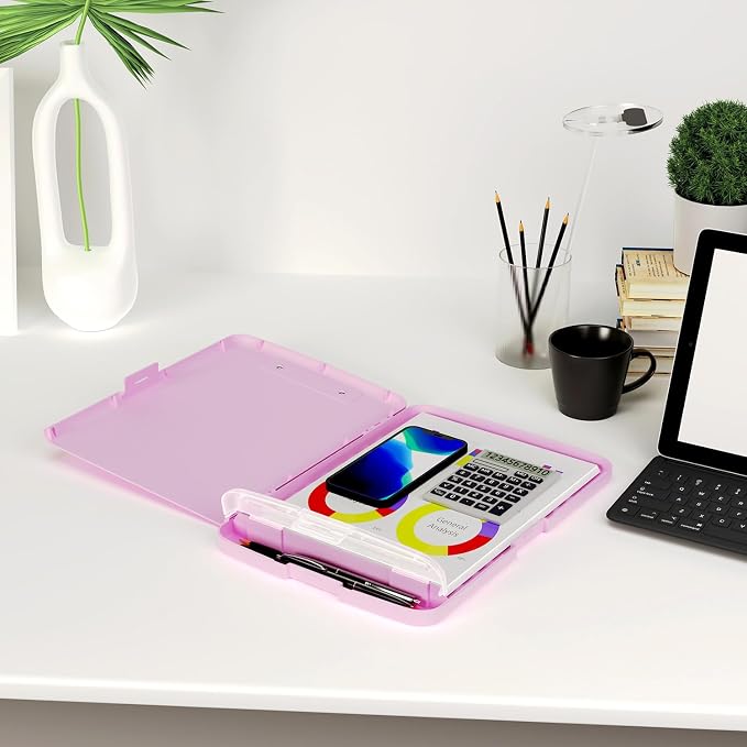 Piasoenc Clipboard with Storage, 8.5 x 11 Organization Box with Pen Holder and A4 Legal Paper Folder, Folio & Side-Opening, Low Profile Clip,for Nurses,Teachers, Size 14 x 9.6 x 1.2 in, Deep Pink