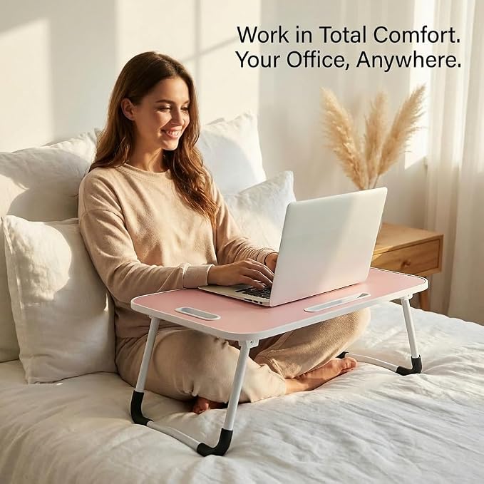 BUYIFY 23" Foldable Lap Desk for Laptop Writing w/Cup Holder Pink | Sturdy and Durable, Laptop Bed Desk with Tablet Slot, No Assembly, Space Saving for Bed Couch Dorm WFH Students