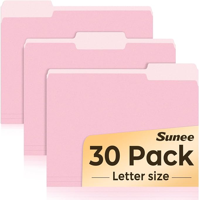 SUNEE File Folders, 30 Pack Manilla Folders 8.5 x 11, Colored File Folders Home Office School Supplies for Documents Files Paper, Pink