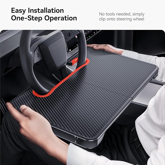 YONZEE 2-in-1 Car Steering Wheel Desk Tray & Car Seat Gap Filler Organizer – Foldable Carbon Fiber Look Table for Laptop, Eating, Writing – for Standard Round Steering Wheels