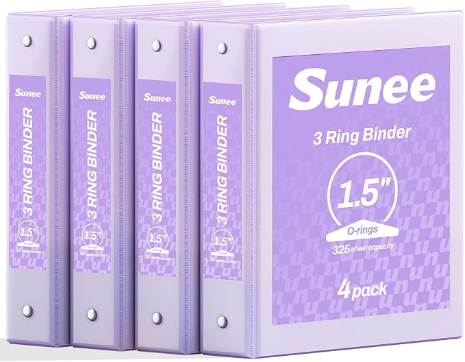 SUNEE 1.5 Inch Binders 3 Ring 4 Pack, Clear View 1 1/2 Inch Binders Three Ring PVC-Free (Fit 8.5x11 Inches) for School or Office Supplies, Purple