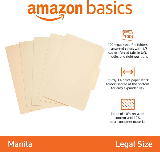 Amazon Basics Sturdy Manila File Folders, 1/3 Tabs in Assorted Positions for Filing and Easy Labeling, Legal Size, 8.5 x 14 inch, 200-Pack