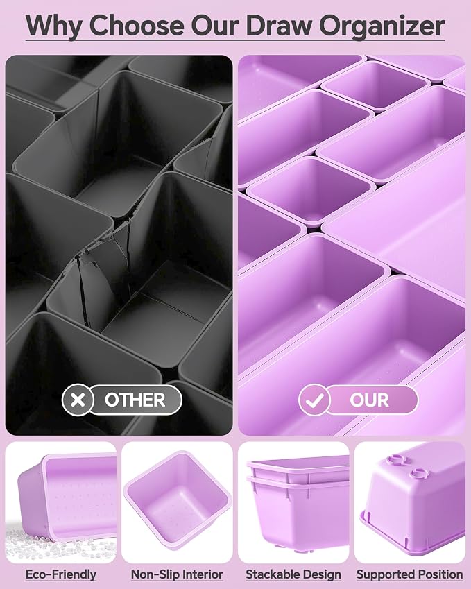 KEMETHY 25 PCS Plastic Drawer Organizers Set, 4 Sizes Vanity Organizer, Makeup and Desk Drawer Organizer Trays, Organization and Storage for Makeup, Bathroom, Kitchen Utensils and Office (Purple)