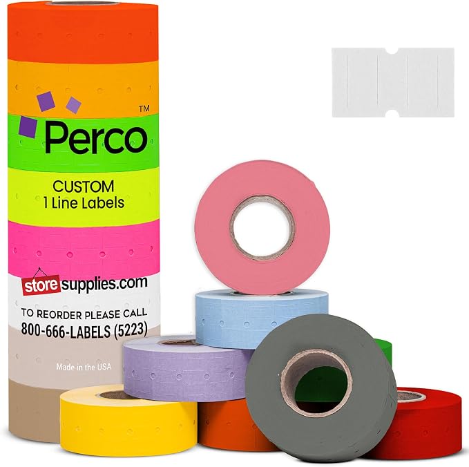 Custom Price and Date Labels - 8,000 Price Marking Labels for Perco Lite, X, Plus and Perco Pro 1 Line Guns - Choose Color, Font and Imprint - 8 Rolls, 1 Sleeve - Made in USA