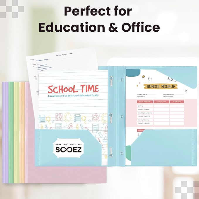 Sooez 6 Pack Plastic Folders with Pockets and Prongs, 3 Prong Folders with Pockets and Writable Label, Heavy Duty 2 Pocket Folder with Brads, Letter Size Prong Folder for School Office, Pastels Color