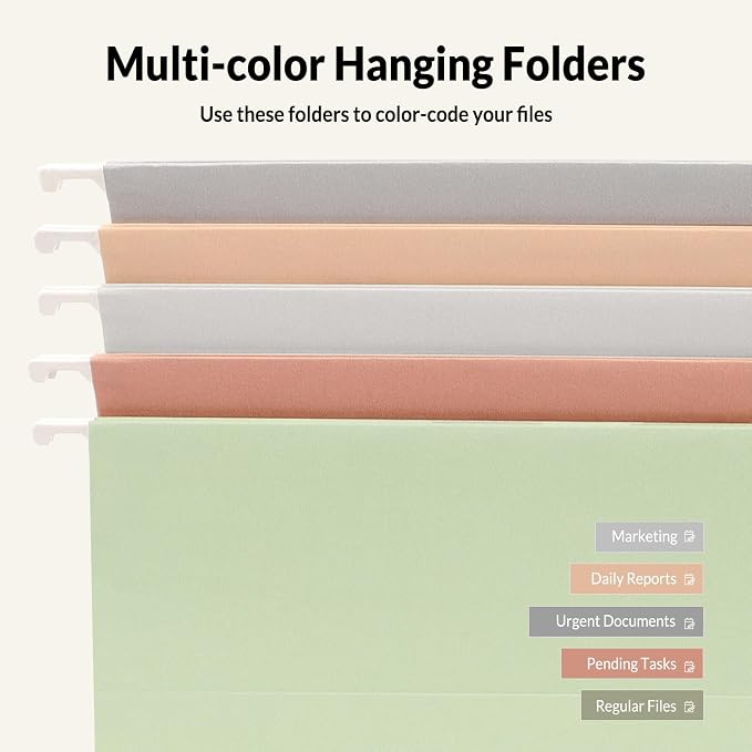 SUNEE 25 Count Hanging File Folders, Pastel Colors, Hanging File Folders Letter Size, Hanging Folders with 1/5-cut Tabs, Designed for Bulky Files, Filing Cabinets, Medical Charts