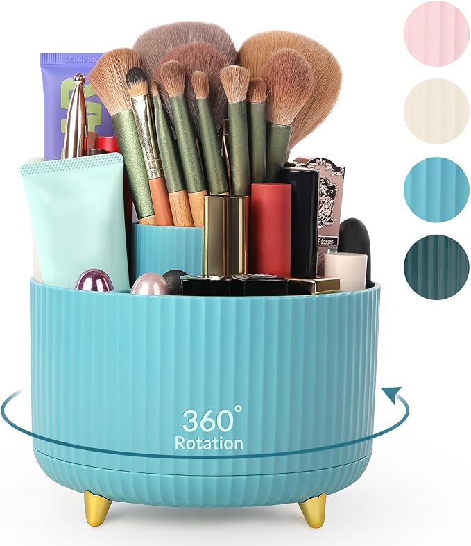 SKYDUE Makeup Organizer, Rotating Pencil Pen Holder for Desk, Dual-Purpose Desktop Organizer for Cosmetics & Pens, Makeup Brush Holder with 5 Slots, Pencil Cup for Office, Home