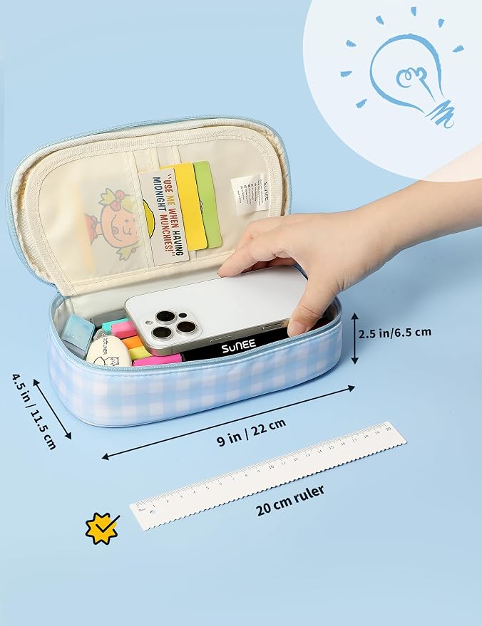 SUNEE Cute Pencil Case, Aesthetic Pen Pouch, Colored Large Pencil Bag with Zipper, Kawaii Stationery Storage and Organizer, School Supplies for Teen and Adult Girls, Blue Checkered