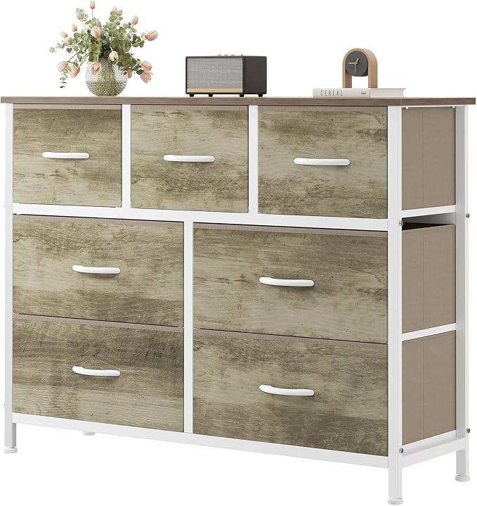 Sweetcrispy 7 Drawer Dresser with Fabric Bins, Fabric Storage Tower Organizer for Bedroom, Closet, Hallway, Entryway, Tall Chest of Drawers with Steel Frame, Wood Top, Large Storage, Greige Oak