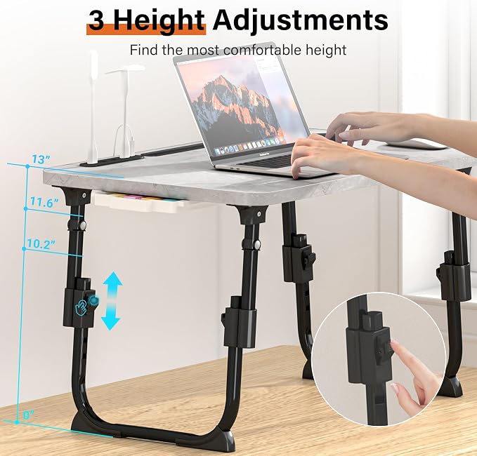 Lap Desk for Bed, Adjustable Laptop Desk with USB Charging Port, Storage Drawer & Bookshelf — Foldable Bed Desk for WFH & Students, 23.6" Desktop Fits 19" Laptop, Non-Slip, Light Stone Texture