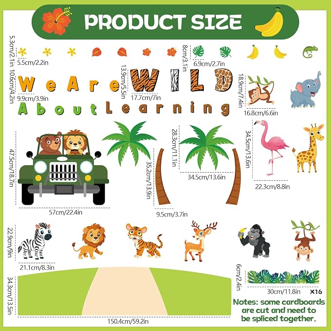 Jungle Animals Bulletin Board Set Safari Jungle Classroom Decorations We are Wild About Learning Monkey Elephant Lion Truck Wild Paper Cutouts for Summer Back to School Chalkboard Window Wall Decor