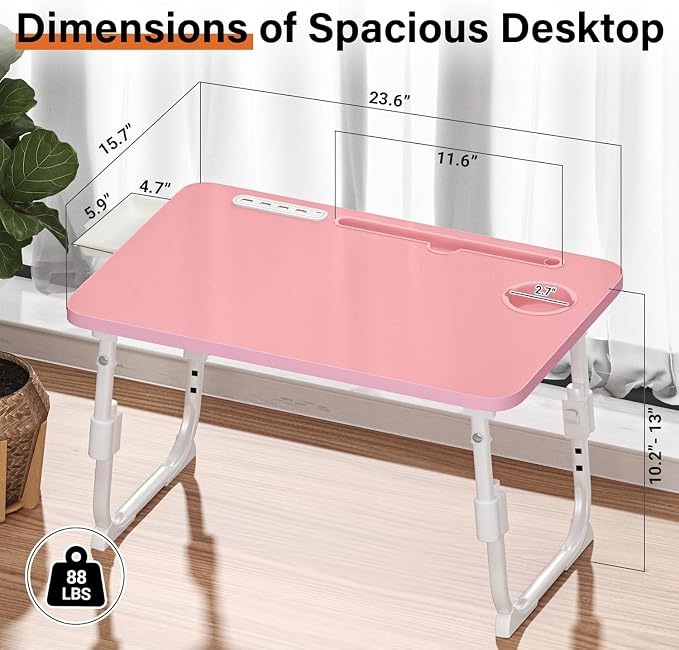 Lap Desk for Bed, Adjustable Laptop Desk with USB Charging Port, Storage Drawer & Bookshelf — Foldable Bed Desk for WFH & Students, 23.6" Desktop Fits 20" Laptop, Non-Slip, Pink