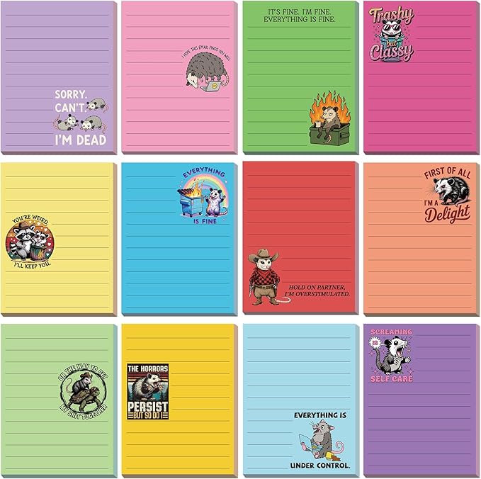 12 Pcs Funny Sticky Notes for Work 4x3 Inches Sarcastic Self Adhesive Notepads Novelty Memo Pads for Office Coworker Gifts Employee Appreciation Supplies(Opossum-Lines,Multi Color)
