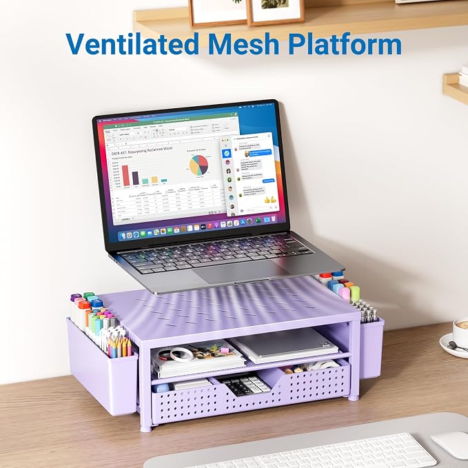 OPNICE Laptop Stand for Desk Organizer, Computer Monitor Stand Riser with Drawer and 2 Pen Holders, Ventilated Perforated Steel Top, Office Desk Accessories for Home Office Supplies, Purple