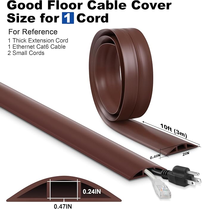 10FT Floor Cord Cover, Brown Cord Hider Floor, Durable Cord Covers for Wires on Floor, Cable Floor Cover Power Cord Cover, Floor Cord Protector Hide Cords on Floor Cord Cavity: 0.47" W x 0.24" H