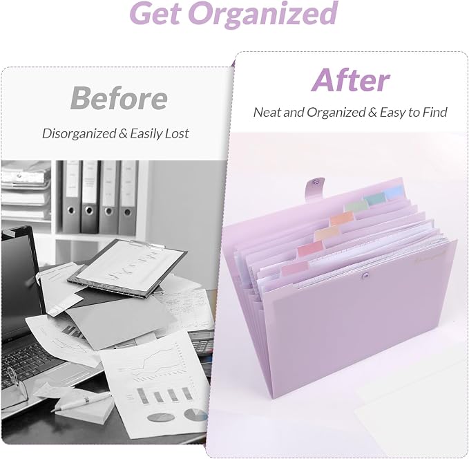 SKYDUE Expanding File Folder, Accordion File Organizer with 8 Pocket, Expandable Document Paper Receipt Holder for School Office Hospital, Letter/A4 Size Purple
