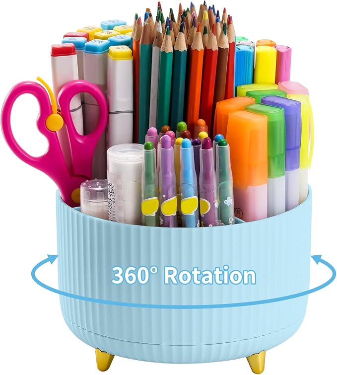 Marbrasse Desk Organizer, 360-Degree Rotating Pen Holder, Desk Organizers and Accessories with 5 Compartments Pencil Holder, Art Supply Storage Box Caddy for Office, Home（Light Blue）