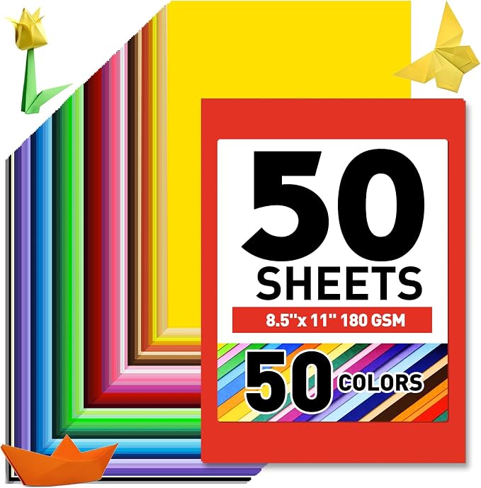 MAXECHO 8.5" x 11" Colored Cardstock 50 Assorted Sheets in 50 Colors, 180 GSM (65 lb) Bulk Construction Paper, Printer Friendly Card Stock for Printing & Making, DIY Crafts, Cricut, School Supplies