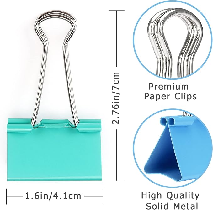 ZZTX 24 Pack Large Binder Clips 1.6 Inches Assorted Colors | Paper Clamps Clips, Durable steel, Strong clip, Color-coded