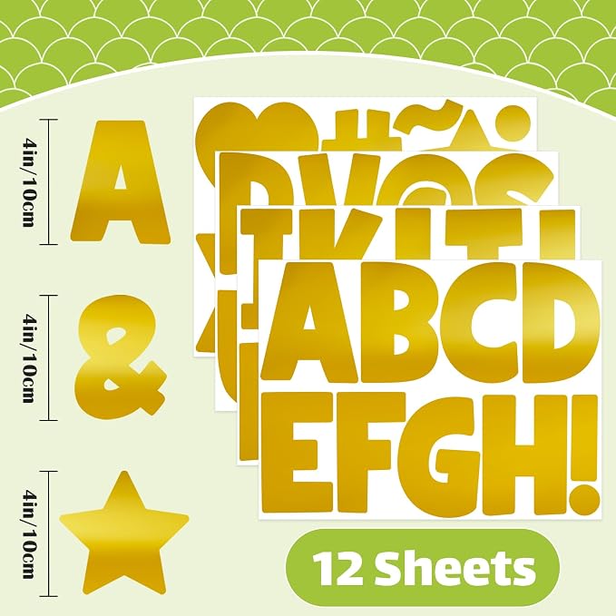 Letter Stickers Large 108 PCS Bulletin Board Letters 12 Sheets Alphabet Stickers Vinyl Self-Adhesive Stick on Letters for Poster Board Mailbox Sign DIY Crafts Classroom Party Decor (Gold, 4 Inch)
