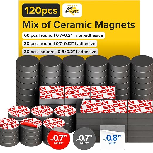 Strong Ceramic Round and Square Magnets with Adhesive Backing (3 Sizes Mix, 120 pcs) – Heavy Duty Sticky Magnets, Non-Corrosive, Versatile for Home, Office, Workshop, Whiteboard, Fridge and Hobby Use