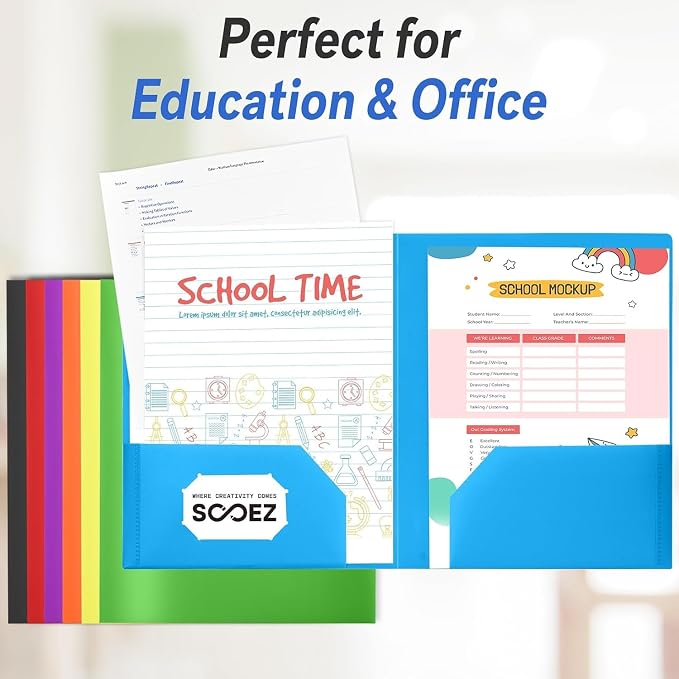 Sooez 7 Pack Folders with Pockets, 2 Pocket Folders with Extra Labels, Plastic Folder with Pockets, Heavy Duty File Folder Bulk, School Business Office Filing Supplies, Sweet Colors