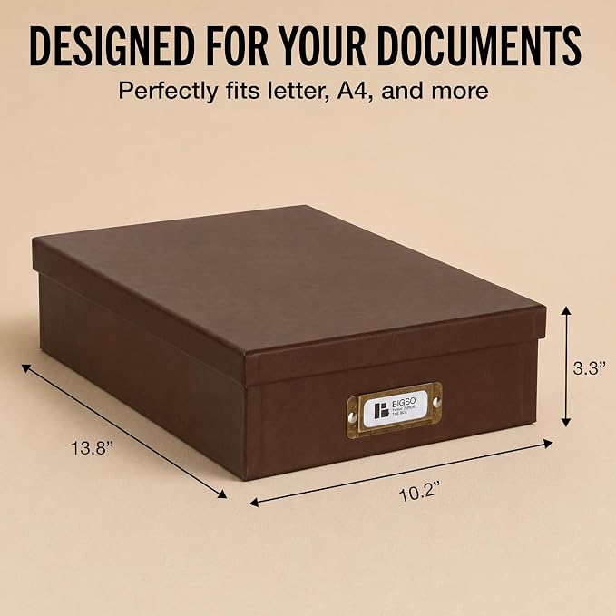 Bigso Oskar Fiberboard Document Storage Box with Lid for A4 and Letter Size Papers - Stylish, Sturdy, and Stackable Keepsake Box with Label Holder - W10.2in x D13.8in x H3.3in - Recycled Leather