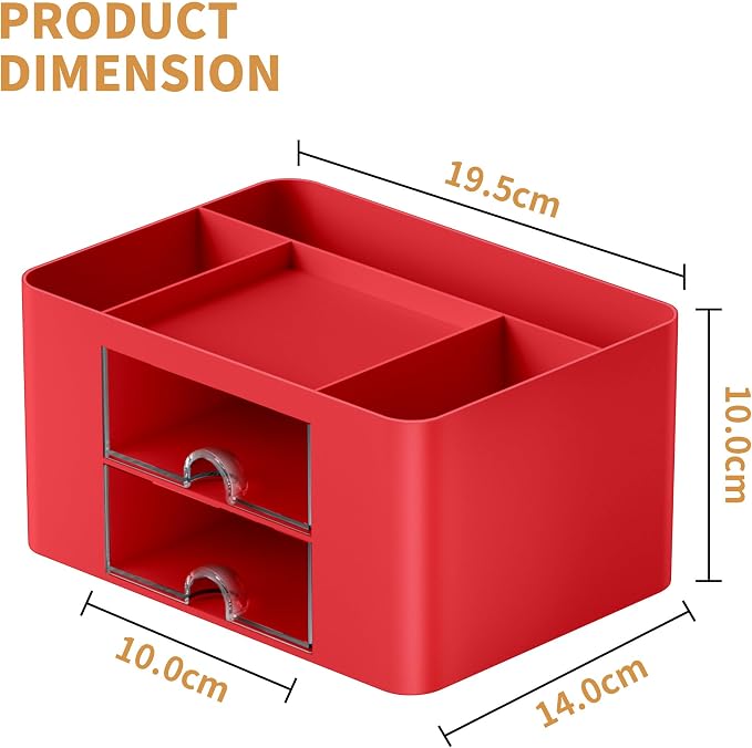 Marbrasse Pen Organizer with 2 Drawer, Multi-Functional Pencil Holder for Desk, Desk Organizers and Accessories with 5 Compartments + Drawer for Office Art Supplies (Red)