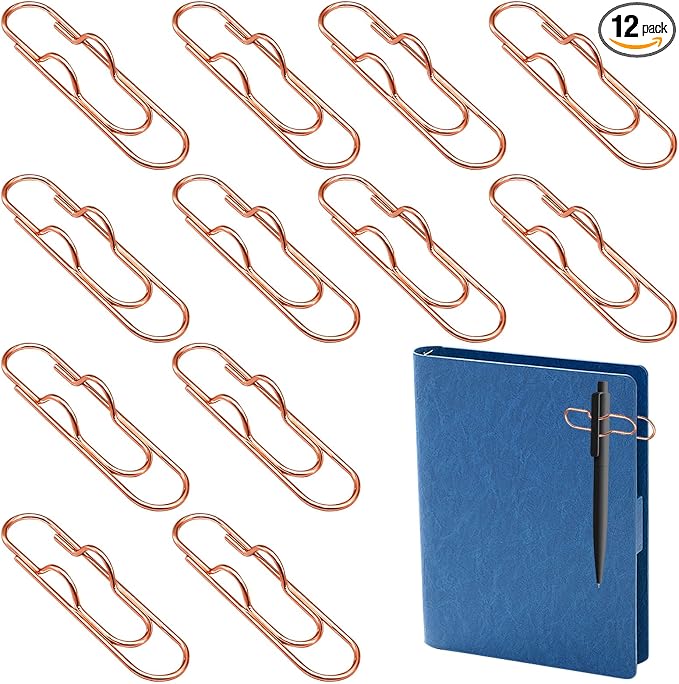 HINGTAI 12Pcs Pen Holder Clips - Pen Holding Paper Clips Metal for Notebooks, Decorative Pencil Clip Organizer, Multi-Functional Bookmark & Card Holder for Desk Organization Rose Gold