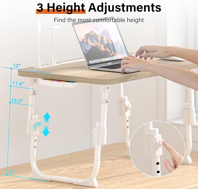Lap Desk for Bed, Adjustable Laptop Desk with USB Charging Port, Storage Drawer & Bookshelf — Foldable Bed Desk for WFH & Students, 23.6" Desktop Fits 18" Laptop, Non-Slip, Glacier