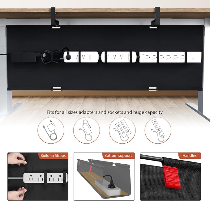 Univivi No Drill Under Desk Cable Management Tray, 48" Cord Organizer for Table, Clamp/Screw Mount Desk Cable Management, Premium Fabric Cable Management Tray for Office, Home (Extra Large)