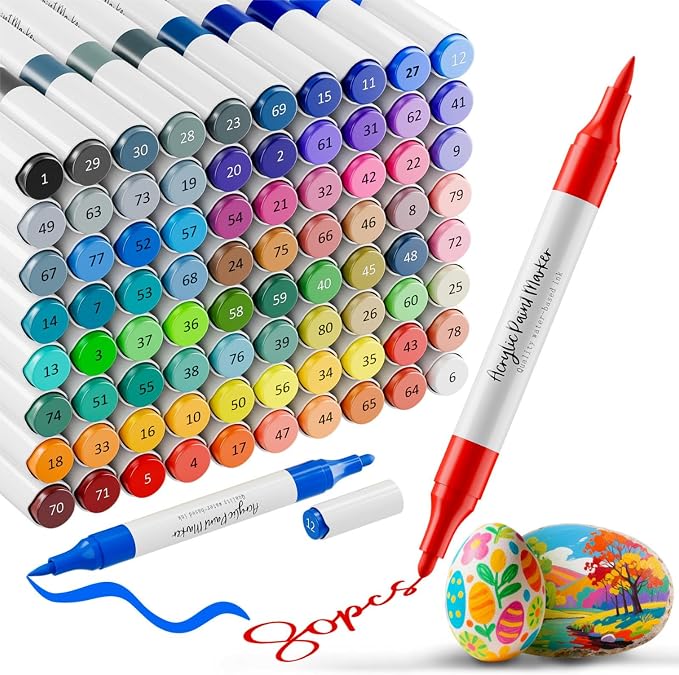 WELLOKB 80 Colors Dual Tip Acrylic Paint Markers, Fabric Markers, Brush Tip Permanent Acrylic Paint Pens for Wood, Glass, Rocks, Paper, Coloring book,Ceramic,DIY Crafts for Adults (80, Chisel&Brush)
