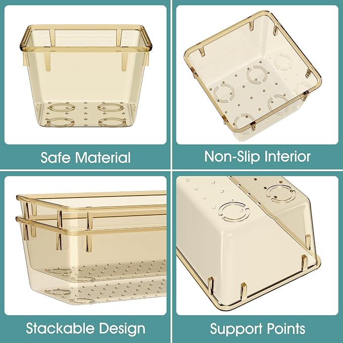 WOWBOX 25 PCS Plastic Drawer Organizer Set, 4 Sizes Desk Drawer Divider Organizers and Storage Bins for Makeup, Jewelry, Gadgets for Kitchen, Bedroom, Bathroom, Office, Clear Champagne