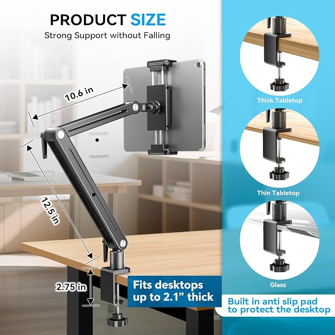 Jakeko Adjustable Portable Monitor Stand 15.6" - 360° Rotating Base Tall Tablet Desk Arm Holder Stand for iPad Air/Pro/Mini Swivel Flexible Clamp Mount Soporte para Tablet/Monitor Portatil/Ereader