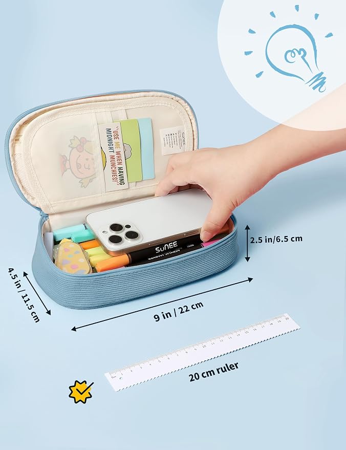 SUNEE Cute Pencil Case, Large Pencil Pouch, Aesthetic Big Pencil Bag with Zipper, Kawaii Stationery Storage and Organizer, School Supplies for Teen and Adult, Boys&Girls, Soft Corduroy Grey Blue
